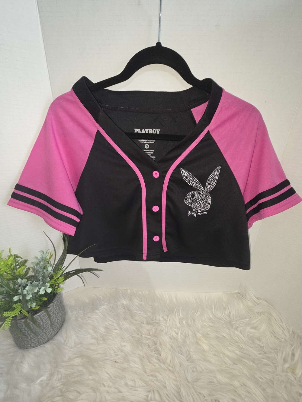 NWT PLAYBOY Black and Hot Pink Rhinestone Bunny Baseball Jersey. Size Small - Picture 3 of 9